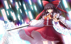 Rule 34 | 1girl, ascot, bare shoulders, bloomers, bow, brown eyes, brown hair, detached sleeves, female focus, frills, gohei, hair bow, hair tubes, hakurei reimu, haraegushi, long hair, ofuda, oonusa, skirt, skirt flip, solo, tama go, touhou, underwear, wide sleeves