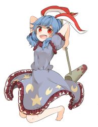 1girl :d ambiguous_red_liquid animal_ears arms_up bad_id bad_pixiv_id blue_dress blue_hair blush crescent dress earclip female_focus kine looking_at_viewer mallet misha_(hoongju) moon_rabbit open_mouth puffy_sleeves rabbit_ears red_eyes seiran_(touhou) short_sleeves smile solo star_(symbol) touhou transparent_background