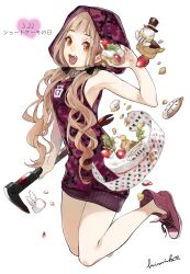 Rule 34 | 1girl, :d, animal ears, anki (sinoalice), arm up, armpits, bare arms, bare legs, blunt bangs, bow, cake, camouflage, camouflage hoodie, character ornament, clock, curly hair, dated, fang, flat chest, floating, food, fruit, gishin (sinoalice), hair bow, hammer, hat, heart, high tops, highres, himiko (326ontheweb), holding, holding cake, holding food, holding hammer, hood, hood up, hoodie, jumping, long hair, low twintails, no socks, open mouth, orange eyes, rabbit ears, reality arc (sinoalice), red riding hood (sinoalice), shoes, signature, simple background, sinoalice, sleeveless, sleeveless hoodie, smile, sneakers, solo, strawberry, top hat, twintails, white background