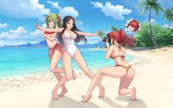 3girls absurdres alternate_costume anger_vein anna_(fire_emblem) ass barefoot beach bikini black_eyes black_hair blue_sky breasts camera chibi closed_eyes cloud commentary covered_navel covering_breasts covering_privates day english_commentary fire_emblem fire_emblem_awakening fire_emblem_heroes from_behind highres holding holding_camera long_hair medium_breasts multiple_girls navel nintendo nirainini official_alternate_costume one-piece_swimsuit outdoors pointy_ears ponytail red_bikini red_hair sand sarong say&#039;ri_(fire_emblem) shadow sky stomach swimsuit third-party_source thong thong_bikini tiki_(adult)_(fire_emblem) tiki_(adult)_(summering_scion)_(fire_emblem) tiki_(fire_emblem) toes white_one-piece_swimsuit yellow_bikini