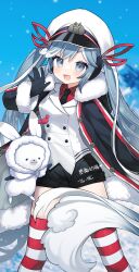 1girl absurdres black_gloves black_necktie black_shorts blue_eyes blue_hair collared_shirt commentary commission fur-trimmed_jacket fur_trim gloves hat hatsune_miku highres jacket long_hair long_sleeves looking_at_viewer miyayoki necktie open_clothes open_jacket open_mouth rabbit_yukine red_shirt shirt shorts smile snow solo striped_clothes striped_thighhighs thighhighs twintails vest vocaloid white_hat white_vest yuki_miku yuki_miku_(2022)