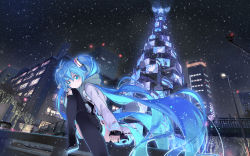 1girl beek blue_eyes blue_hair boots city female_focus hatsune_miku highres long_hair matching_hair/eyes nail_polish night sitting smile snowing solo thigh_boots thighhighs twintails very_long_hair vocaloid