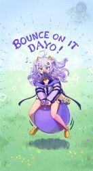 ahoge ball black_bra bra breasts crocs dress eughfish exercise_ball grey_eyes grey_hair henya_the_genius henya_the_genius_(1st_costume) highres jacket open_mouth purple_dress purple_jacket shoes small_breasts smile solo teeth turtleneck turtleneck_dress underwear upper_teeth_only virtual_youtuber vshojo yellow_shoes