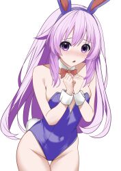 Rule 34 | 1girl, absurdres, animal ear hairband, animal ears, blush, bow, bowtie, breasts, choujigen game neptune, commentary, cowboy shot, detached collar, english commentary, fake animal ears, fake tail, hairband, highres, leotard, long hair, medium breasts, nepgear, neptune (series), open mouth, pink hair, playboy bunny, purple eyes, purple leotard, red bow, red bowtie, simple background, solo, strapless, strapless leotard, tail, white background, white wrist cuffs, wrist cuffs, xueli shimazaki