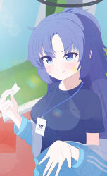 1girl absurdres black_halo black_shirt blue_archive blue_jacket blush breasts closed_mouth commentary_request fortysansan grass halo highres holding holding_paper id_card jacket large_breasts long_hair mechanical_halo millennium_science_school_logo paper ponytail purple_eyes purple_hair shirt solo star_(symbol) star_sticker sticker_on_face traffic_cone yuuka_(blue_archive) yuuka_(track)_(blue_archive)