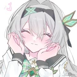 Rule 34 | 1girl, black hairband, black ribbon, black sailor collar, black sleeve cuffs, bow, bowtie, closed eyes, collared shirt, ellypwakame316, firefly (honkai: star rail), firefly (spring missive) (honkai: star rail), green bow, green bowtie, grey hair, hair between eyes, hair intakes, hair ornament, hair ribbon, hairband, hands in own hair, heart, honkai: star rail, honkai (series), long sleeves, plaid bow, plaid bowtie, plaid clothes, ribbon, sailor collar, shirt, simple background, solo, white background, white shirt, white sleeves