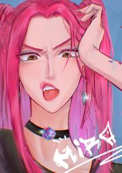 1girl arigatooosan blue_background blue_eyeshadow brown_eyes choker chromatic_aberration close-up commentary earrings eyeshadow fingernails gem glint hashtag-only_commentary head_rest highres huntr/x jewelry kpop_demon_hunters long_fingernails long_hair makeup mira_(kpop_demon_hunters) piercing pink_hair solo symbol-only_commentary tongue_piercing twintails