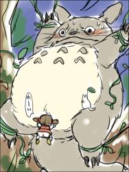 1girl animal_ears ass blush brown_hair claws grey_fur kusakabe_mei leaf size_difference sweat tonari_no_totoro totoro tree twintails