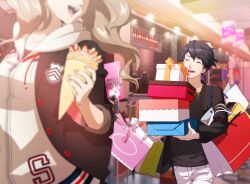 1boy 1girl artist_request bag black_jacket black_shirt blonde_hair blue_hair blurry box closed_eyes crepe depth_of_field food gift gift_box highres holding holding_bag holding_crepe holding_food holding_gift hood hoodie indoors jacket long_sleeves looking_back morgana_(human)_(persona_5) morgana_(persona_5) non-web_source official_art open_mouth pants persona persona_5 persona_5_the_royal shirt shopping_bag smile spoilers takamaki_anne twintails white_hoodie white_pants