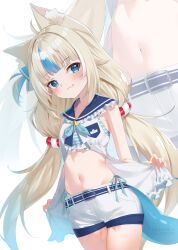 1girl :3 absurdres animal_ear_fluff animal_ears bikini bikini_under_clothes blonde_hair blue_bikini blue_eyes blue_hair blue_sailor_collar blush breasts cat_ears closed_mouth commentary dress english_commentary fins fish_girl fish_tail frilled_bikini frilled_dress frilled_sailor_collar frills halterneck highleg highleg_bikini highres indie_virtual_youtuber lifebuoy_hair_ornament lightenbee long_hair looking_at_viewer low_twintails multicolored_hair navel one_side_up open_clothes open_dress sailor_collar sailor_dress sameko_saba short_shorts shorts side-tie_bikini_bottom simple_background small_breasts streaked_hair striped_bikini striped_clothes swimsuit tail twintails very_long_hair virtual_youtuber white_background white_dress white_shorts zoom_layer