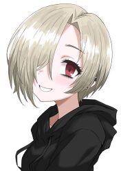 1girl bags_under_eyes black_hoodie blonde_hair commentary ear_piercing hair_over_one_eye halulu highres hood hoodie idolmaster idolmaster_cinderella_girls looking_at_viewer piercing red_eyes shirasaka_koume short_hair simple_background smile solo symbol-only_commentary upper_body white_background