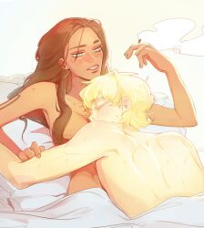 1boy 1girl alien_stage blonde_hair breast_pillow brown_hair cigarette closed_eyes colored_eyelashes commentary dark-skinned_female dark_skin grey_eyes holding holding_cigarette hyuna_(alien_stage) k_4i9 long_hair luka_(alien_stage) on_bed short_hair sleeping sleeping_on_person symbol-only_commentary under_covers