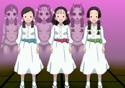 3girls absurdres before_and_after blue_tongue braid breasts cherry_blossoms cleft_of_venus collarbone colored_skin colored_tongue completely_nude corruption cover cover_page dark_persona dress empty_eyes flower gluteal_fold grey_skin hair_flower hair_ornament highres horns kimetsu_no_yaiba long_dress long_sleeves multiple_girls nakahara_sumi nipples nude pussy sandals sash single_horn small_breasts smile socks solid_circle_eyes takada_naho tengukizoku terauchi_kiyo translation_request twin_braids twintails veins very_big_eyes white_dress zenra