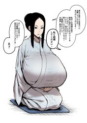 1girl absurdres black_eyes black_hair breasts f.w.zholic gigantic_breasts highres japanese_clothes kimono kneeling open_mouth original seiza sidelocks simple_background sitting solo translation_request