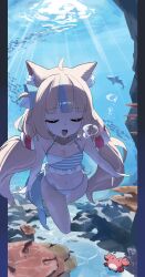 1girl 3xens absurdres ahoge air_bubble animal_ear_fluff animal_ears bikini blonde_hair blue_bikini blue_eyes blue_hair blunt_bangs breasts bubble cat_ears caustics closed_eyes commentary coral crab english_commentary fins fish fish_girl fish_tail frilled_bikini frills highres indie_virtual_youtuber kaniki_(sameko_saba) lifebuoy_hair_ornament long_hair low_twintails multicolored_bikini multicolored_hair one_side_up open_mouth pillarboxed sameko_saba side-tie_bikini_bottom small_breasts streaked_hair striped_bikini striped_clothes sunlight swimsuit tail twintails two-tone_bikini underwater very_long_hair virtual_youtuber