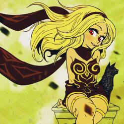 Rule 34 | 1girl, bare shoulders, black scarf, blonde hair, cat, crossed legs, dark-skinned female, dark skin, dress, dusty (gravity daze), gravity daze, hairband, highres, kitten (gravity daze), long hair, looking at viewer, red eyes, scarf, sitting, smile, strapless, vambraces, weckinmach