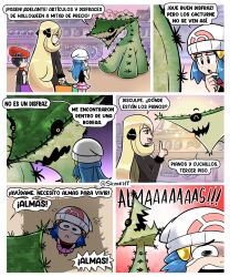 ! !! 1boy 1other 2024_pokemon_teraleak 2girls :&lt; :o absurdres barry_(pokemon) beta_design blonde_hair blue_eyes blue_hair breasts cacturne cacturne_(prototype) cynthia_(pokemon) dawn_(pokemon) gen_3_pokemon hair_over_one_eye halloween highres horror_(theme) indoors looking_at_another monster multiple_girls nintendo open_mouth parody pokemon pokemon_(creature) pokemon_dppt pokemon_rse_(prototype) prototype_design scared sharp_teeth siczak size_difference sky smile spanish_text spikes surprised teeth the_simpsons translated yellow_eyes