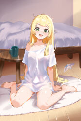1girl absurdres bed blonde_hair blush cup green_eyes highres indoors lillie_(pokemon) long_hair looking_at_viewer messy_hair mug naked_shirt nightstand nintendo on_floor open_mouth oversized_clothes oversized_shirt panties pokemon shirokumaru_(yafm7388) shirt single_off_shoulder sitting smile solo suggestive_fluid t-shirt underwear unworn_panties wariza white_shirt