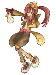 1girl 2000s_(style) artist_request bad_id bag boots bow brown_bandana brown_gloves brown_jacket brown_shorts full_body fur-trimmed_boots fur_trim gloves holding holding_bag indoors jacket long_sleeves looking_at_viewer lowres money_bag official_art one_eye_closed pink_eyes pink_hair ragnarok_online red_bow shorts shrug_(clothing) simple_background solo standing thief_(ragnarok_online) white_background