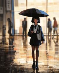 1girl bag black_hair black_jacket black_neckerchief black_shoes black_skirt black_umbrella blurry blurry_background bob_cut brown_pantyhose building collared_shirt commentary english_commentary full_body glass_wall highres holding holding_umbrella jacket long_sleeves miniskirt neckerchief open_clothes open_jacket original outdoors pantyhose parted_lips people pleated_skirt rain reflective_surface ripples sam_yang shirt shoes shopping_bag short_hair shoulder_bag skirt solo_focus standing umbrella white_bag white_shirt window