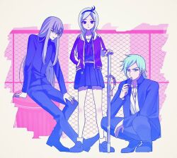Rule 34 | 1girl, 2boys, bare legs, candy, closed mouth, crossed legs, delinquent, dress, earrings, eas (fresh precure!), fence, food, fresh precure!, grey hair, hairband, hands on own thighs, higashi setsuna, holding, holding food, holding sword, holding weapon, jacket, jewelry, loafers, lollipop, long hair, multiple boys, neck, necklace, pants, parted bangs, pool, pre greenblue, precure, ribbon, sailor dress, school uniform, shoes, skirt, sneakers, souler (fresh precure!), standing, sukajan, sword, weapon, wester (fresh precure!)