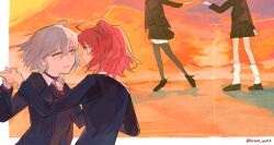 2girls absurdres ahoge artist_name black_choker black_skirt black_thighhighs blazer choker commentary fate/grand_order fate_(series) fujimaru_ritsuka_(female) grand_yuria hair_between_eyes hand_on_another&#039;s_shoulder high_side_ponytail highres holding_hands id_(fate/grand_order) jacket jeanne_d&#039;arc_alter_(avenger)_(fate) jeanne_d&#039;arc_alter_(fate) looking_at_another multiple_girls orange_eyes orange_hair orange_sky parted_lips pseudo-tokyo_school_uniform school_uniform skirt sky socks thighhighs twitter_username white_hair white_socks yellow_eyes yuri