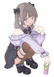 1girl black_bow black_skirt blunt_bangs blush boots bow breasts brown_hair can drink_can garter_straps highres holding holding_can long_hair long_sleeves looking_at_viewer maigoyaki medium_breasts original platform_boots purple_eyes purple_shirt shirt simple_background skirt smile soda_can solo thighhighs tongue tongue_out white_background
