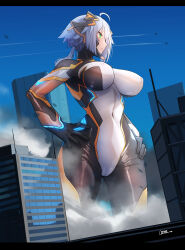 1girl absurdres ahoge aircraft airplane artist_name blue_hair blue_sky bodysuit breasts building city colossus_(natsukaze_shigure) contrail covered_navel destruction giant giantess green_eyes hands_on_own_hips headgear hexagon_print highres impossible_clothes large_breasts natsukaze_shigure original outdoors short_hair sidelocks signature skin_tight sky skyscraper solo standing white_hair