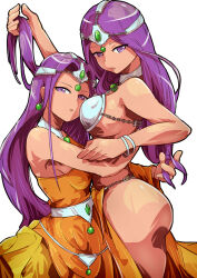 absurdres bracelet breasts bright_pupils chain cheek-to-breast choker circlet commentary_request cowboy_shot dark-skinned_female dark_skin dragon_quest dragon_quest_iv dress earrings gem green_gemstone hand_in_another&#039;s_hair highres hug jewelry large_breasts long_hair looking_at_viewer manya_(dq4) metal_bikini minea_(dq4) open_mouth orange_dress parted_hair pelvic_curtain purple_eyes purple_hair siblings sideboob silver_choker silver_circlet single_bare_shoulder sisters sphere_earrings taka_no_oo white_background white_pupils
