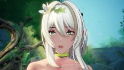 1boy 1girl 3d :o animated arm_up armpits arms_behind_back ass back blue_sky breasts brown_hair choker clif clothed_male_nude_female collarbone dappled_sunlight dark-skinned_female dark_skin elf eyebrows_hidden_by_hair fingernails flower from_side full_body grass green_eyes grey_hair hair_between_eyes hair_flower hair_intakes hair_ornament hand_on_another&#039;s_head head_pat lake large_breasts leaf leaf_hair_ornament legs light_particles light_rays looking_at_viewer looking_up multicolored_hair navel nipples nita_(snowbreak) nita_-_pulse_(sylvan_spirit) nude official_alternate_costume official_alternate_hairstyle open_mouth outdoors pointy_ears pov river rock rubbing_head short_hair_with_long_locks sidelocks sitting sitting_on_rock sky smile snowbreak:_containment_zone sound standing streaked_hair sunlight swaying_breasts tagme third-party_edit toned toned_female tongue tree turning_around turning_head video water waterfall white_flower white_hair