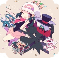 1girl bare_legs blue_eyes blue_hair claws darkrai dawn_(pokemon) dialga gen_4_pokemon hat legendary_pokemon long_hair looking_at_viewer mythical_pokemon nintendo noni-nani one_eye_closed palkia poke_ball pokemon pokemon_(creature) regigigas skirt smile wink