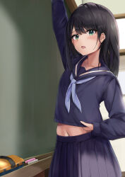 Rule 34 | 1girl, absurdres, arm up, black hair, blue neckerchief, blue sailor collar, blue serafuku, blue shirt, blue skirt, blush, board eraser, chalk, chalkboard, classroom, collarbone, commentary request, cowboy shot, green eyes, highres, indoors, long hair, looking at viewer, midriff peek, miyama mizuki (hoshihoshi1220), navel, neckerchief, open mouth, original, parted bangs, pleated skirt, sailor collar, school uniform, serafuku, shirt, shirt tug, skirt, solo, standing, straight hair