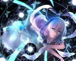 Rule 34 | 1girl, black background, blue butterfly, blue dress, blue eyes, blue hair, breasts, bug, butterfly, chisel, cleavage, commentary request, crossed arms, danmaku, dress, electricity, energy ball, frilled dress, frills, hagoromo, hair ornament, hair rings, insect, kaku seiga, light smile, puffy short sleeves, puffy sleeves, shawl, short sleeves, solo, touhou, vest, white vest, zukapin