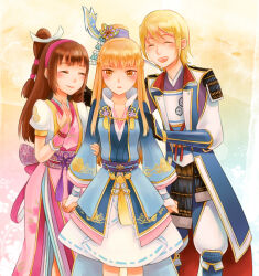 Rule 34 | armor, azai nagamasa, blonde hair, brown eyes, brown hair, chacha, closed eyes, family, father and daughter, hair ornament, japanese clothes, kimono, long hair, mother and daughter, oichi, oichi (sengoku musou), ponytail, sengoku musou, smile, yukata