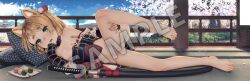 1girl animal_ears armor bare_shoulders barefoot blonde_hair blue_eyes bow cherry_blossoms cleft_of_venus clothes_pull cuddly_octopus dakimakura_(medium) dango day detached_collar female_focus flat_chest food full_body hikimayu holding_leg indoors japanese_armor japanese_clothes katana kote kusazuri leg_up loli looking_at_viewer lying on_side one_side_up open_mouth panties petals pillow popolocroits pussy sample_watermark sanshoku_dango socks solo sword tabi tail tree underwear wagashi watermark weapon white_panties white_socks