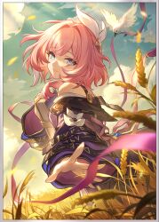 1girl bird blue_eyes book cloud cloudy_sky coat cyrene_(honkai:_star_rail) game_cg hair_ornament highres holding holding_book honkai:_star_rail honkai_(series) looking_at_viewer official_art pink_hair purple_coat purple_pupils sky smile solo third-party_source
