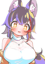 1girl :d animal_ear_fluff animal_ears black_hair blush breasts brown_eyes commentary_request fangs highres hololive kani_bonara large_breasts multicolored_hair off_shoulder ookami_mio ookami_mio_(street) open_mouth red_hair simple_background sleeveless sleeveless_sweater smile solo streaked_hair sweater upper_body virtual_youtuber white_background wolf_ears wolf_girl