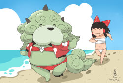 2girls animal beach black_hair blue_sky bow chest_sarashi closed_eyes closed_mouth clothed_animal cloud commentary_request dated day dog full_body fundoshi hair_bow hair_tubes hakurei_reimu japanese_clothes komano_aunn komano_aunn_(komainu) multiple_girls onikobe_rin outdoors red_bow running sand sarashi short_hair sky touhou