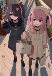 2girls absurdres alternate_costume ame-chan_(needy_girl_overdose) animal_ears bag black_dress black_eyes black_hair black_leggings black_shoes blunt_bangs bush cat_ears cat_hair_ornament cat_tail dress falling_leaves from_above hair_ornament hair_over_one_eye highres holding holding_bag kemonomimi_mode leaf leggings maid_headdress multiple_girls needy_girl_overdose p-chan_(needy_girl_overdose) pien_cat_(needy_girl_overdose) pink_hair pointing shadow shoes shopping_bag short_twintails tail tile_floor tiles twintails vending_machine walking white_dress x_hair_ornament yuriyalloween