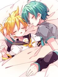 Rule 34 | 2boys, black sailor collar, blonde hair, blue eyes, blue necktie, blush, closed eyes, collared shirt, commentary request, double-parted bangs, grey shirt, hair between eyes, hand on another&#039;s head, hatsune mikuo, highres, kagamine len, kaho 0102, lying, male focus, multiple boys, necktie, on back, on bed, open mouth, sailor collar, shirt, short hair, sleeping, under covers, upper body, vocaloid, white shirt, yellow necktie