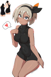 1girl absurdres alternate_costume bea_(pokemon) black_dress black_hairband breasts dark_skin dress grey_eyes grey_hair hair_ornament hairband hairclip highres nintendo photo-referenced pokemon short_hair simple_background smile