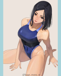 1girl absurdres artist_name bare_arms barefoot black_eyes black_hair blue_one-piece_swimsuit blush breasts closed_mouth commentary_request competition_swimsuit covered_navel highleg highleg_one-piece_swimsuit highres kagematsuri large_breasts letterboxed mature_female one-piece_swimsuit original short_hair sitting smile solo swept_bangs swimsuit thighs toes wariza