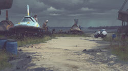 Rule 34 | 3boys, absurdres, aircraft, cable, car, cloud, cloudy sky, drum (container), flight suit, helmet, highres, hood, hood up, hoodie, motor vehicle, multiple boys, pilot, pilot helmet, plant, rain, rock, rust, sand, simon stalenhag, sky, spare tire, sports utility vehicle, swedish machines, unconventional emergency vehicle lighting, unused tire, wheel