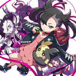 Rule 34 | 1boy, 2girls, :d, aqua eyes, asymmetrical bangs, backpack, bag, black choker, black footwear, black hair, black jacket, black nails, blush stickers, boots, brother and sister, brown eyes, brown hair, cardigan, choker, commentary request, dress, dusk ball, dynamax, earrings, galarian form, galarian linoone, gen 4 pokemon, gen 8 pokemon, gigantamax, gigantamax grimmsnarl, gloria (pokemon), gloves, grey cardigan, grimmsnarl, gym leader, hair over one eye, hair ribbon, holding, holding poke ball, jacket, jewelry, kingin, long sleeves, marnie (pokemon), morpeko, morpeko (full), multicolored hair, multiple girls, nail polish, nintendo, open clothes, open jacket, open mouth, piers (pokemon), pink dress, poke ball, pokemon, pokemon (creature), pokemon swsh, red ribbon, ribbon, rotom, rotom phone, siblings, smile, two-tone hair, white hair