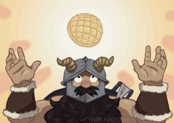 1boy animated animated_gif baguette beard bread bread_bun brown_hair derivative_work dungeon_meshi dwarf facial_hair fake_horns food hands_up helmet horned_helmet horns loaf_of_bread long_beard looking_up male_focus mustache screenshot_redraw senshi_(dungeon_meshi) solo that-raccoon thick_mustache upper_body very_long_beard