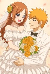 Rule 34 | &gt;:), 1boy, 1girl, :d, alternate costume, b eaka, bare shoulders, black bow, black bowtie, bleach, bouquet, bow, bowtie, breasts, bridal veil, bride, brown hair, carrying, carrying person, cleavage, closed mouth, collarbone, commentary, couple, cowboy shot, dress, eye contact, flower, formal clothes, frilled dress, frills, gloves, groom, hair flower, hair ornament, half updo, happy, hetero, highres, holding, holding bouquet, inoue orihime, jewelry, kurosaki ichigo, light blush, long dress, long hair, long sleeves, looking at another, medium breasts, necklace, off-shoulder dress, off shoulder, open mouth, orange flower, orange hair, orange rose, parted bangs, pearl necklace, profile, ring, rose, shirt, short hair, simple background, smile, spiked hair, straight hair, suit, tareme, tsurime, v-shaped eyebrows, veil, wedding, wedding dress, wedding ring, white dress, white flower, white gloves, white rose, white shirt, white suit, white veil, yellow background