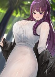 1girl :t absurdres black_robe blunt_bangs blurry blurry_background blush bra_visible_through_clothes breasts dress fern_(sousou_no_frieren) from_below furrowed_brow half_updo highres large_breasts looking_down nekotokage off_shoulder pout purple_eyes purple_hair revision robe see-through_clothes solo sousou_no_frieren straight_hair wet wet_clothes white_dress