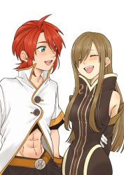 1boy 1girl abs arms_behind_back belt black_shirt blush breasts brown_dress brown_hair brown_sleeves buttons closed_eyes commentary_request cropped_shirt detached_sleeves dress facing_another gloves green_eyes hair_over_one_eye hand_on_own_arm happy high_collar highres jacket large_breasts long_hair looking_at_another luke_fon_fabre midriff open_mouth p_teirin red_hair shirt short_hair short_sleeves sidelocks sleeveless sleeveless_dress smile straight_hair tales_of_(series) tales_of_the_abyss tear_grants teeth upper_body upper_teeth_only white_background white_gloves white_jacket
