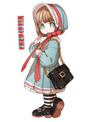 1girl azone_international bag blue_dress blue_eyes blush brown_hair candyruru_(azone) commentary_request doll dress full_body hamao handbag hat highres looking_at_viewer mary_janes shoes short_hair simple_background smile socks solo striped_clothes striped_socks white_background