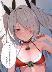 1girl absurdres akinoji_(akiponpon27) bell blue_archive blush bra breasts christmas commentary_request fur-trimmed_bra fur_trim grey_hair hair_over_one_eye highres iori_(blue_archive) long_bangs long_hair neck_bell red_bra red_eyes solo speech_bubble translation_request twintails underwear